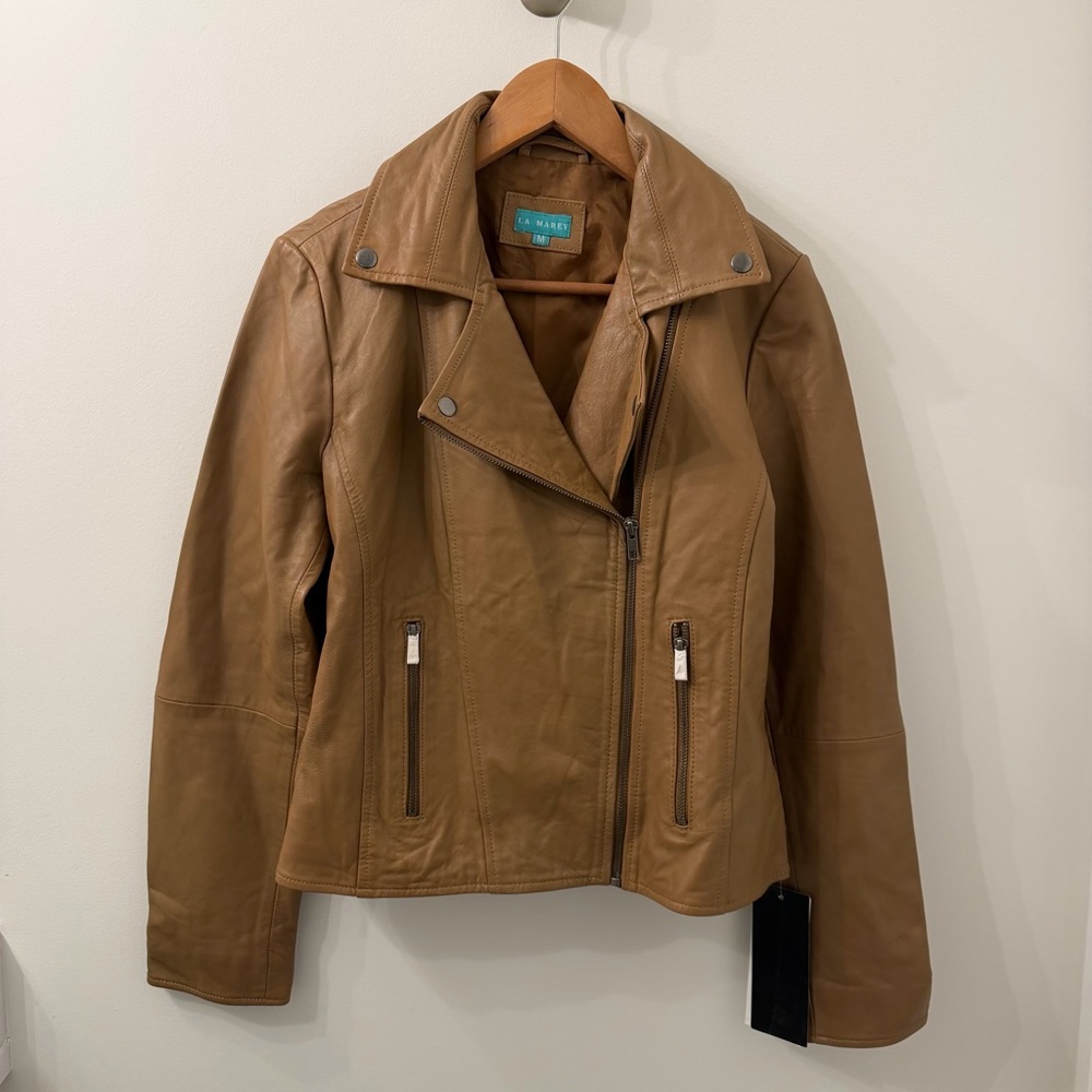 NWT Women’s 100% Lambskin Leather Tan Asymmetrical Moto Jacket